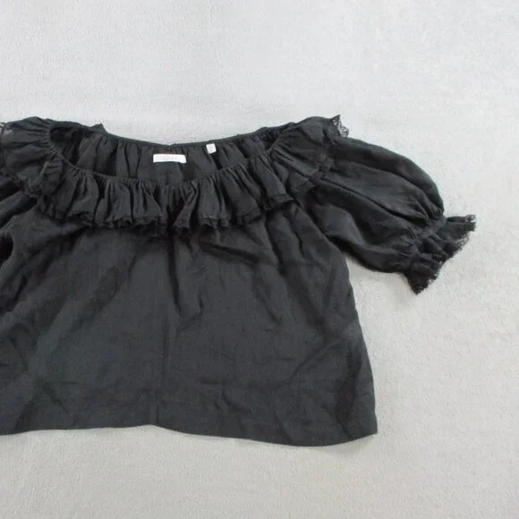 DOEN Samara Top Womens Small Black Ramie Tencel Blend Lace Ruffles Puff Sleeve - Picture 6 of 14